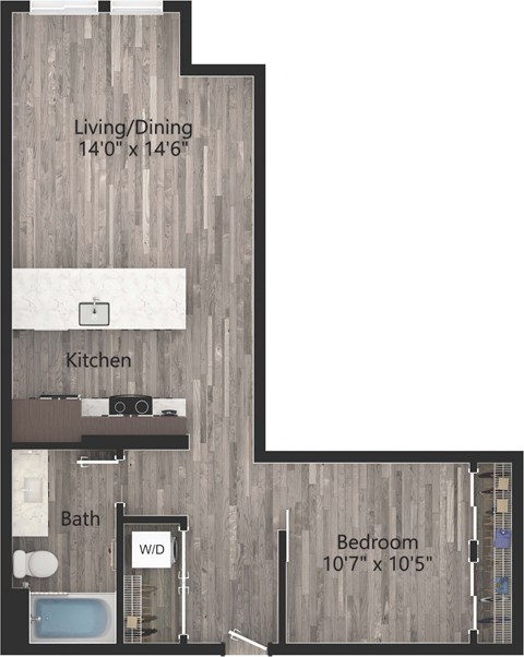 Floor plan for 1 bed, 1 bath, 728 sqft